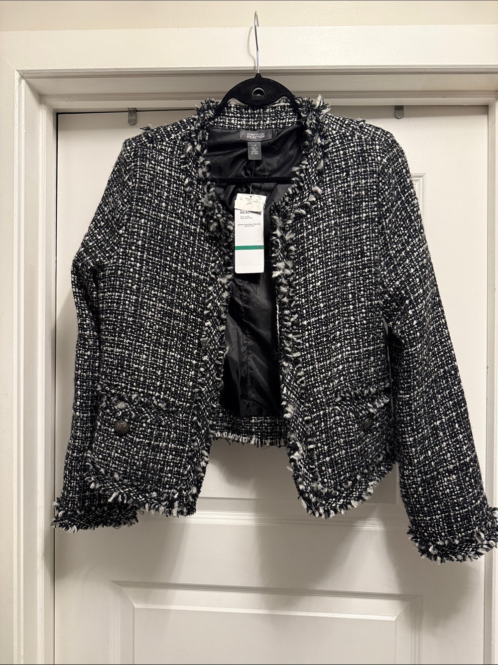 Kenneth Cole Reaction Black and White Tweed Fringe Blazer